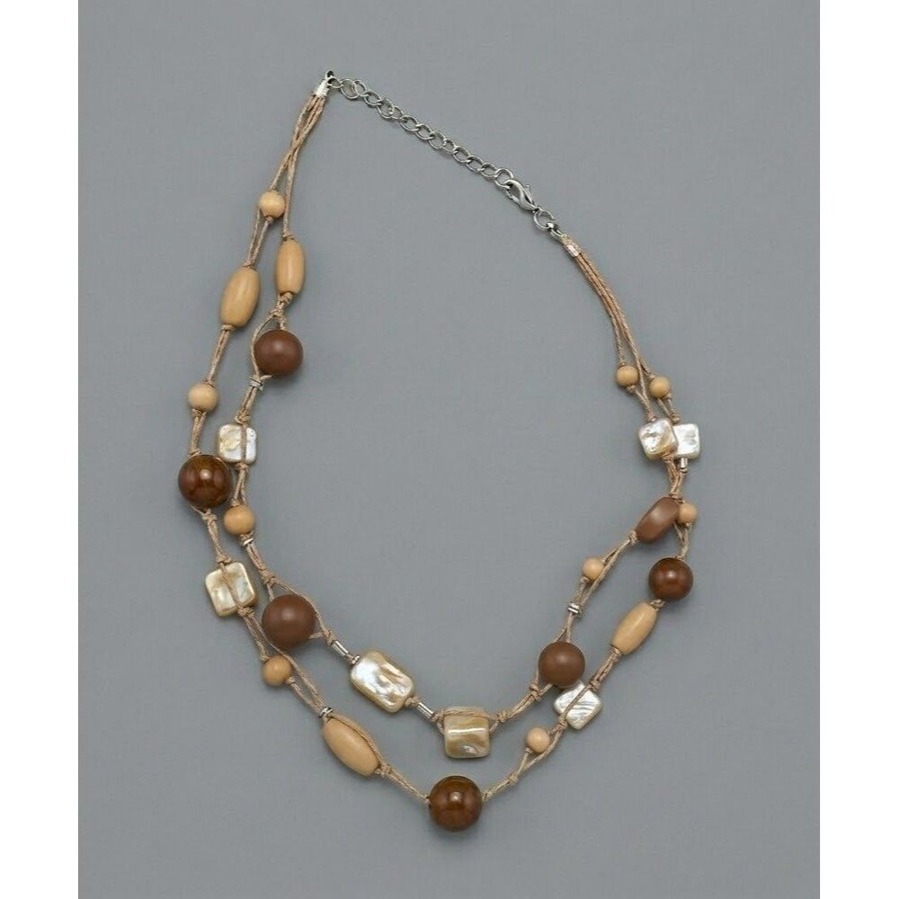 Boho‎ Double Strand Wooden Bead & Shell Necklace - Adjustable 19" Beach Chic